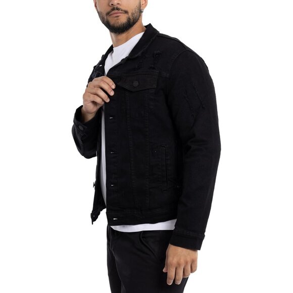 Mens Jet Black Denim Jacket Washed Ripped Distressed Stretch Casual Trucker - Picture 4 of 9